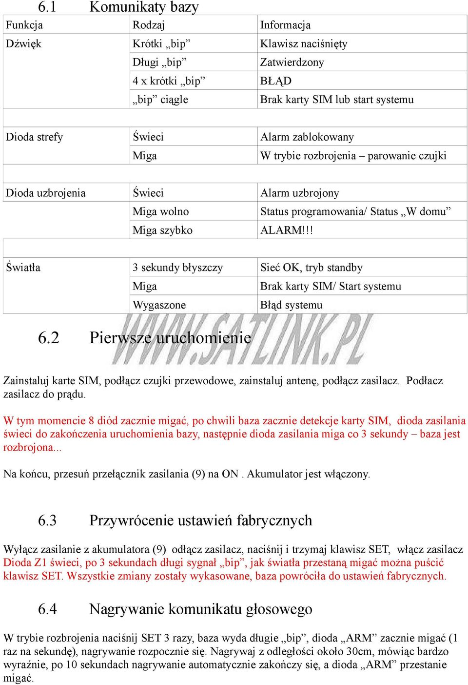 !! Światła 3 sekundy błyszczy Sieć OK, tryb standby Miga Brak karty SIM/ Start systemu Wygaszone Błąd systemu 6.