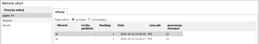 Rysunek 16 Konsola oferenta okno czatu d) Historia ofert W celu przeglądania złożonych ofert należy zaznaczyć pozycję w lewej części panelu oraz wybrać opcję - Pokaż oferty: przyjęte albo prowadzące.