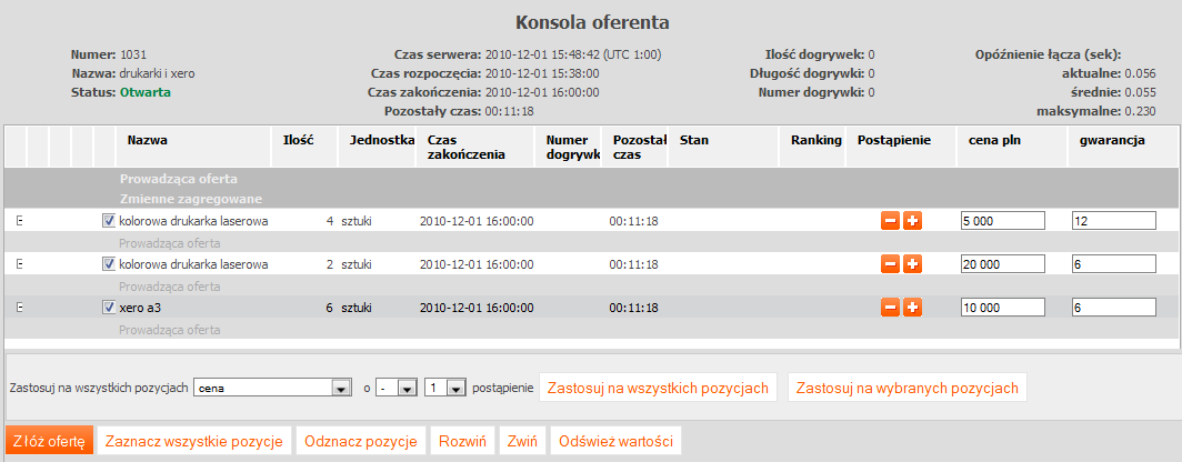 7. Składanie ofert Składanie ofert będzie możliwe, gdy status aukcji na konsoli oferenta zmieni się z Przyszła na Otwarta. W celu złożenia oferty należy: 1.