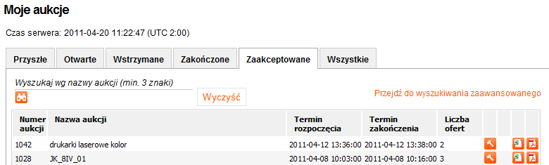 Na konsoli oferenta zostanie wyświetlona wartość ostatniej złożonej oferty oraz pozycja w rankingu z chwili zakończenia aukcji, wartość oferty prowadzącej, a także ikonka żółtego młotka, jeśli