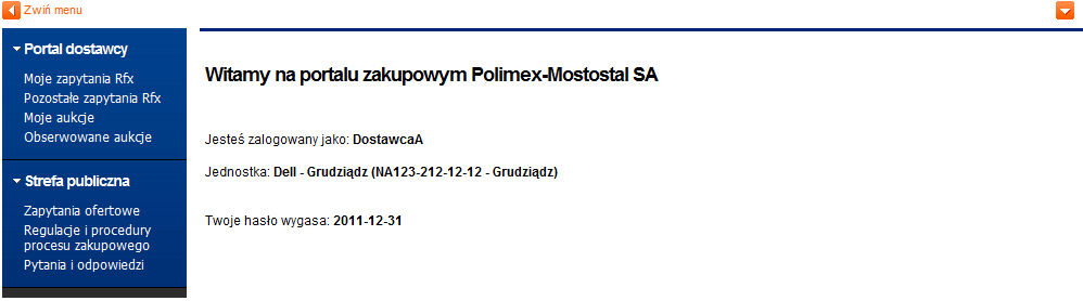 3.2 Nagłówek W części nagłówkowej znajduje się graficzne logo grupy Polimex-Mostostal SA, po kliknięciu którego dostajemy się na stronę startową systemu zawierającą podstawowe informacje o koncie
