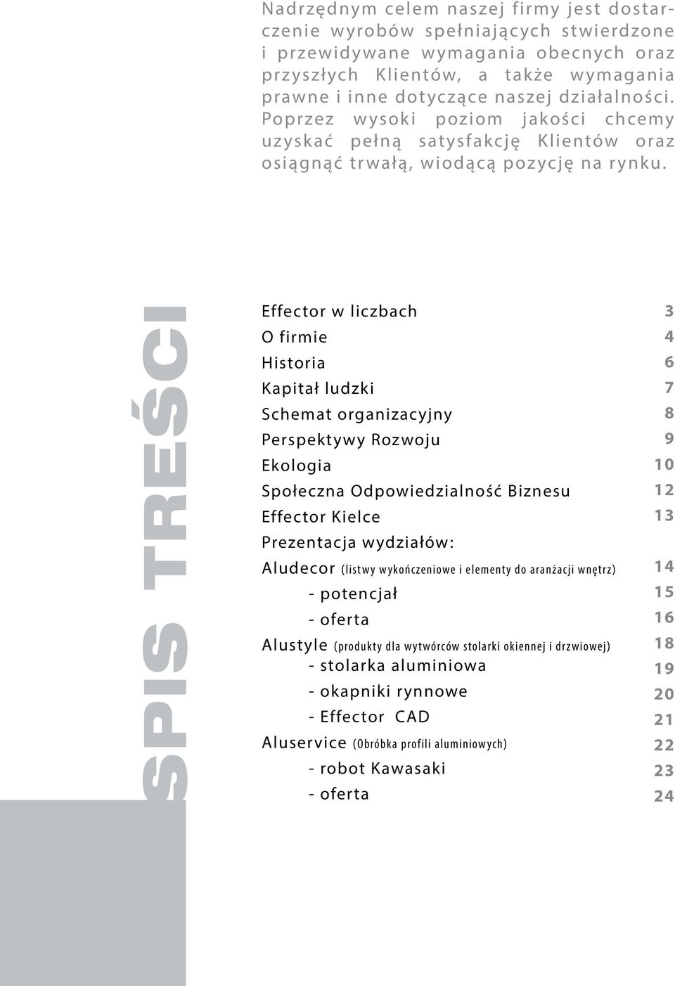 Spis treści Effector w liczbach O firmie Historia Kapitał ludzki Schemat organizacyjny Perspektywy Rozwoju Ekologia Społeczna Odpowiedzialność Biznesu Effector Kielce Prezentacja wydziałów: Aludecor