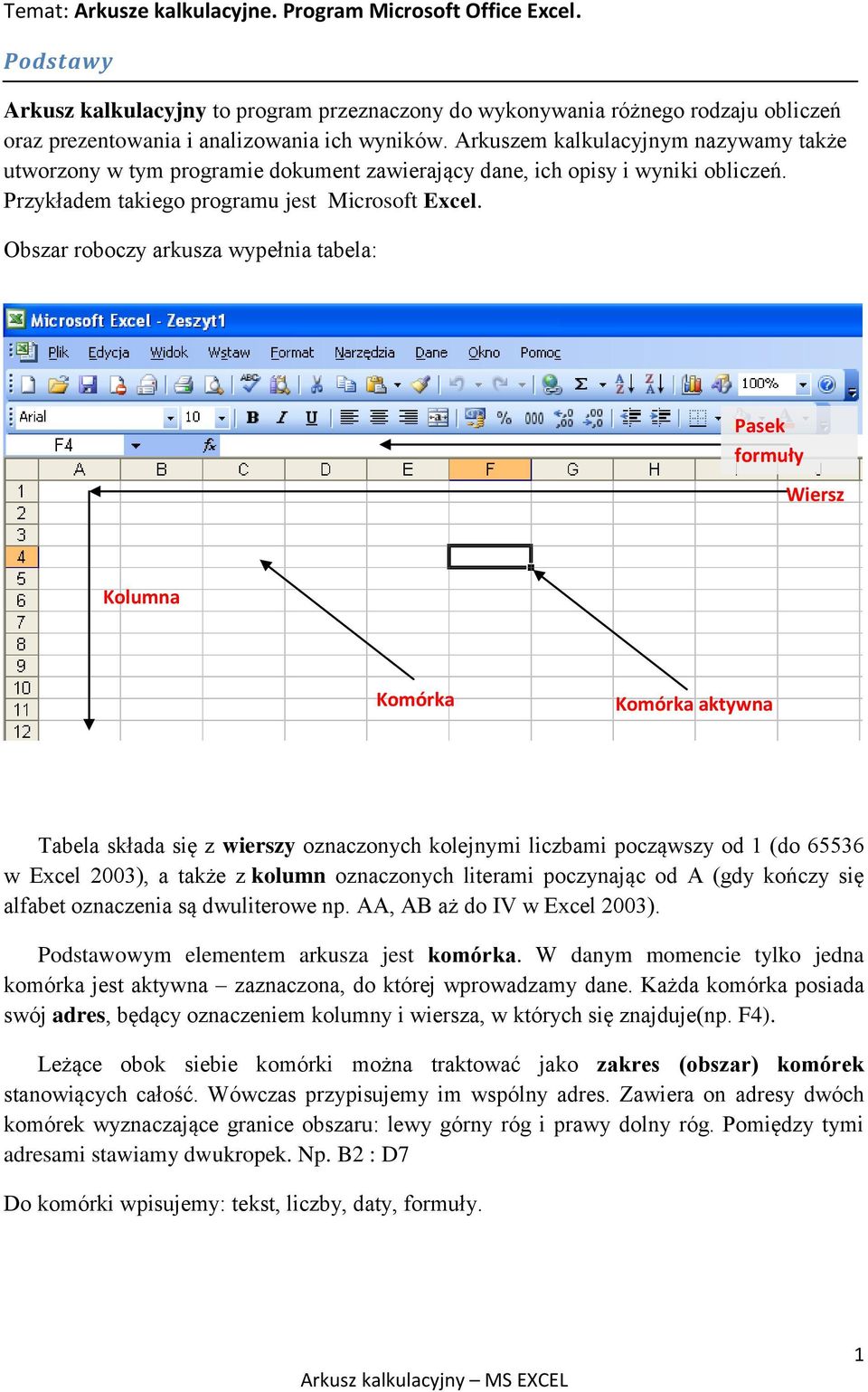 Obszar roboczy arkusza wypełnia tabela: Pasek formuły Wiersz Kolumna Komórka Komórka aktywna Tabela składa się z wierszy oznaczonych kolejnymi liczbami począwszy od 1 (do 65536 w Excel 2003), a także