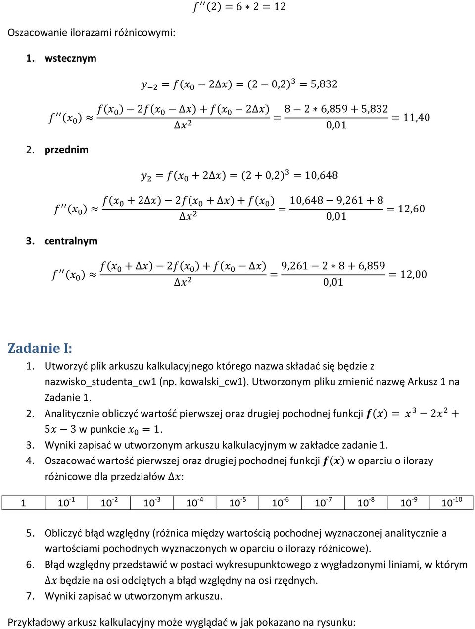 kowalski_cw1). Utworzonym pliku zmienić nazwę Arkusz 1 na Zadanie 1. 2. Analitycznie obliczyć wartość pierwszej oraz drugiej pochodnej funkcji,(-) = 2 + 53 w punkcie =1. 3.