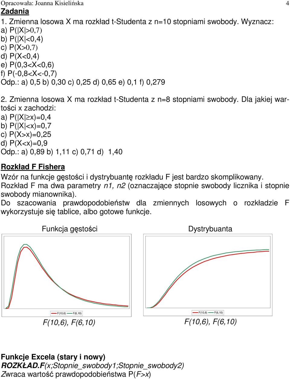 Zmienna losowa X ma rozkład t-studenta z n=8 stopniami swobody. Dla jakiej wartości x zachodzi: a) P( X x)=0,4 b) P( X <x)=0,7 c) P(X>x)=0,25 d) P(X<x)=0,9 Odp.