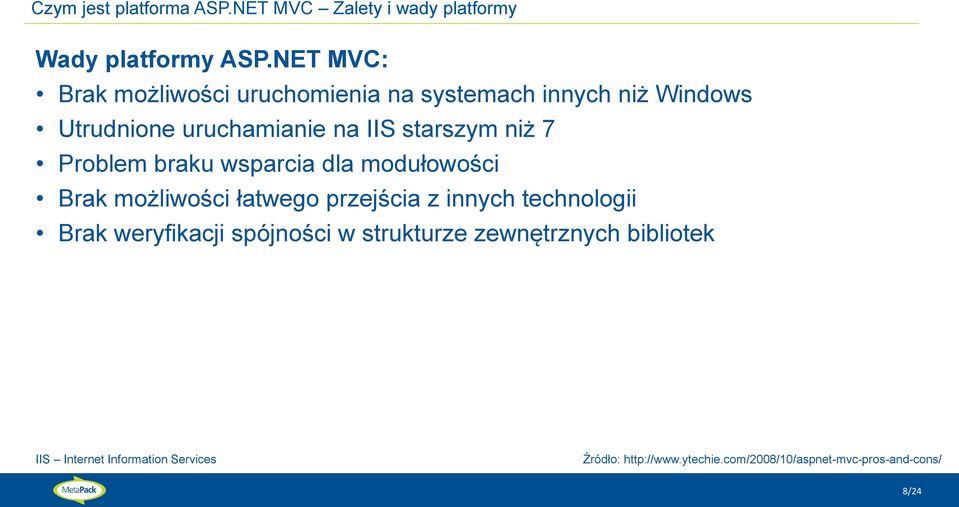 niż 7 Problem braku wsparcia dla modułowości Brak możliwości łatwego przejścia z innych technologii Brak