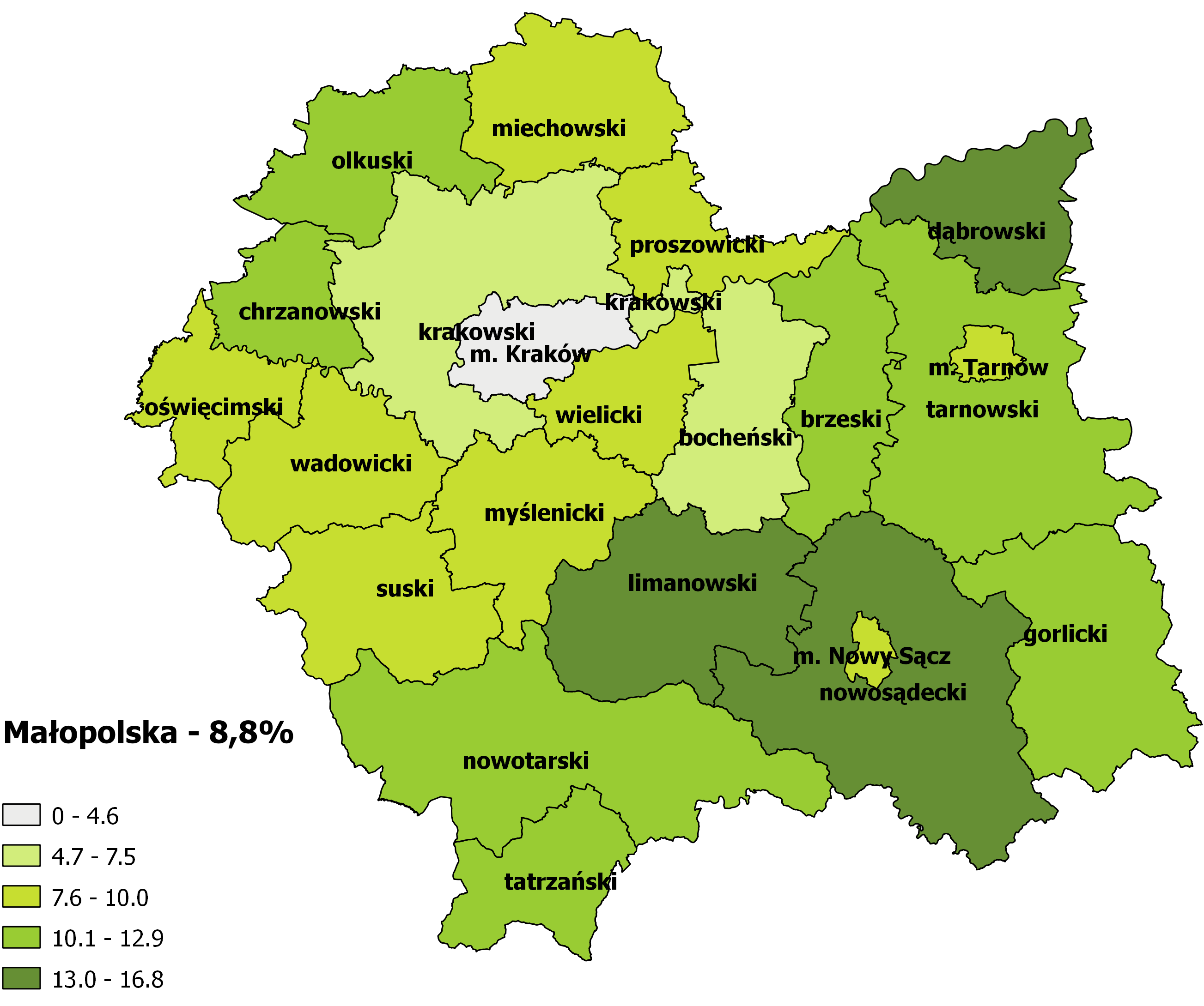 m. Kraków krakowski bocheński myślenicki m. Nowy Sącz suski wielicki m.