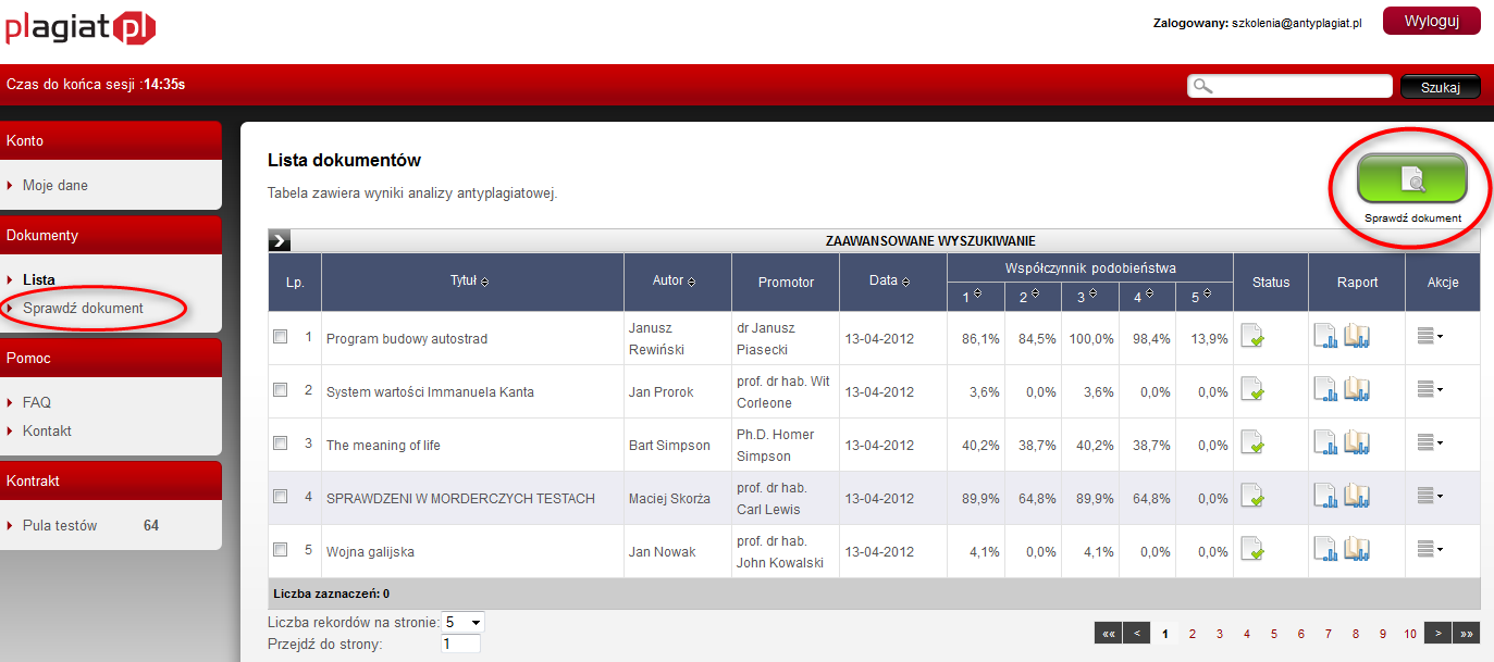 Sprawdzanie dokumentu By dokonać sprawdzenia dokumentu w systemie antyplagiatowym, należy po zalogowaniu się na konto Użytkownika nacisnąć zielony