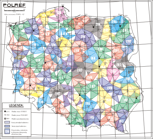 Sieć POLREF (rok 1994-1995) zagęszczenie sieci EUREF-POL, sieć składająca się z 348 punktów, w olbrzymiej większości istniejącej podstawowej sieci poziomej, średnia odległość między punktami sieci to