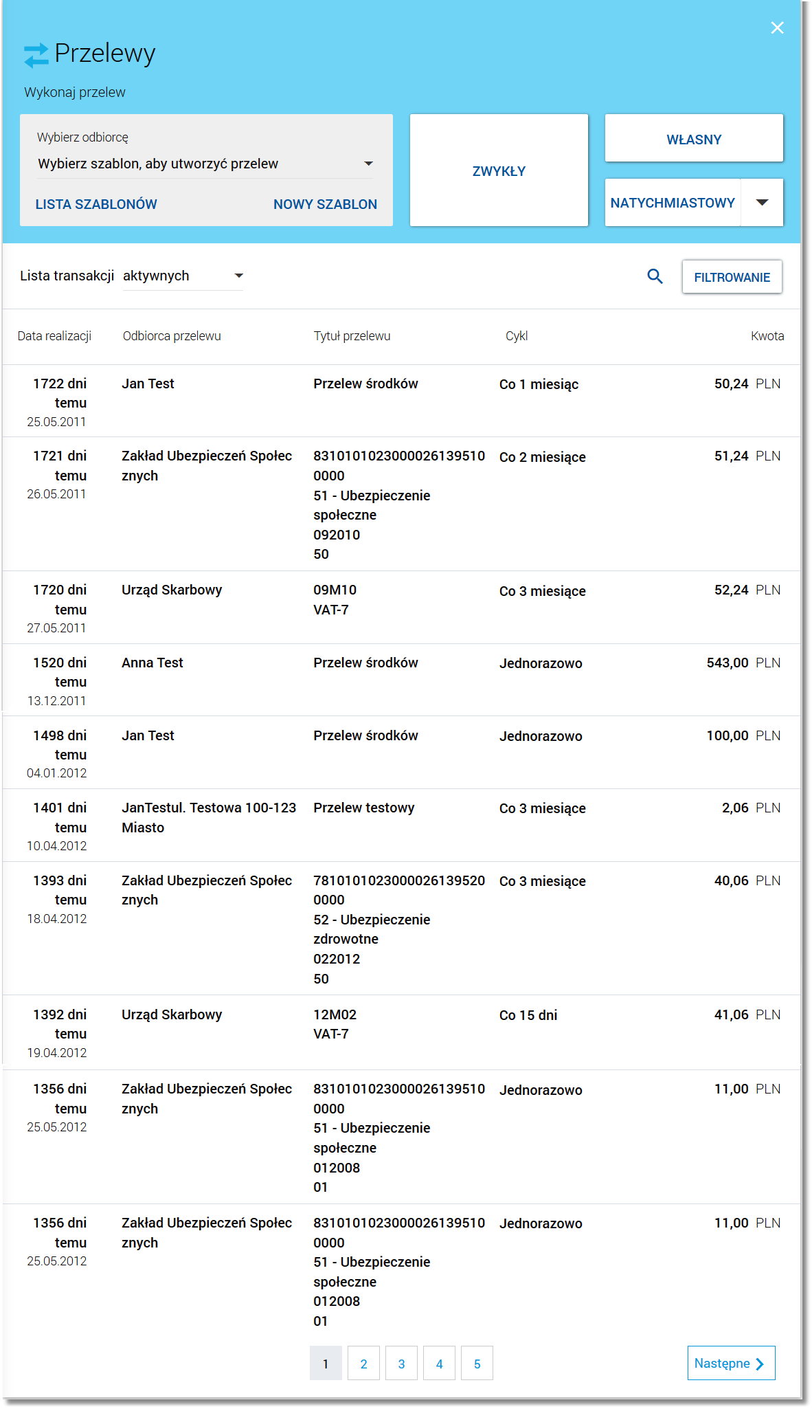 Na liście przelewów, dla każdego przelewu dostępne są następujące informacje: Data realizacji - data realizacji przelewu, Odbiorca przelewu -