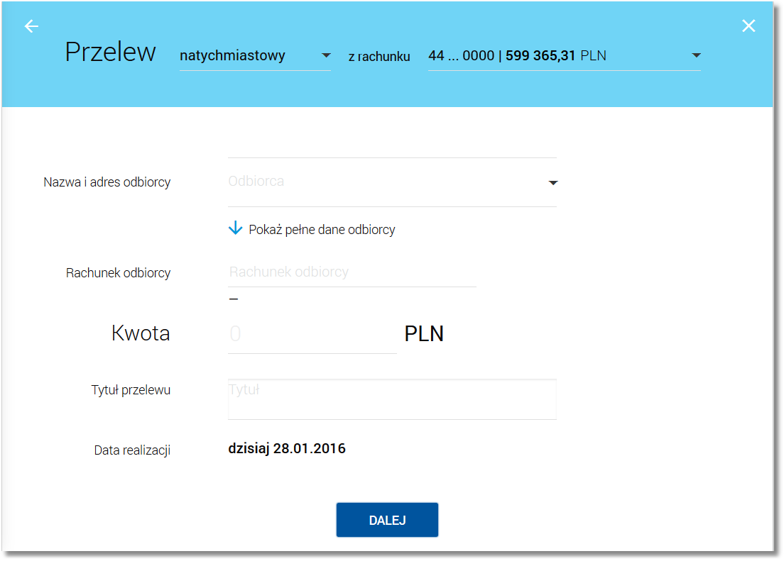 [POTWIERDZENIE] - umożliwia wydruk potwierdzenia przekazania płatności do realizacji w formacie PDF, [ZAPISZ JAKO SZABLON] - umożliwia zapis płatności jako szablon, [WRÓĆ DO PULPITU] - umożliwia