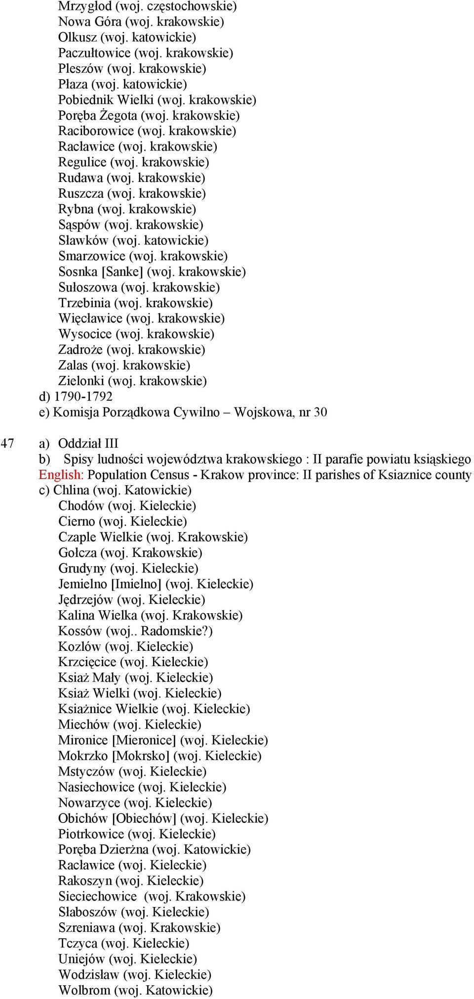 krakowskie) Sąspów (woj. krakowskie) Sławków (woj. katowickie) Smarzowice (woj. krakowskie) Sosnka [Sanke] (woj. krakowskie) Sułoszowa (woj. krakowskie) Trzebinia (woj. krakowskie) Więcławice (woj.