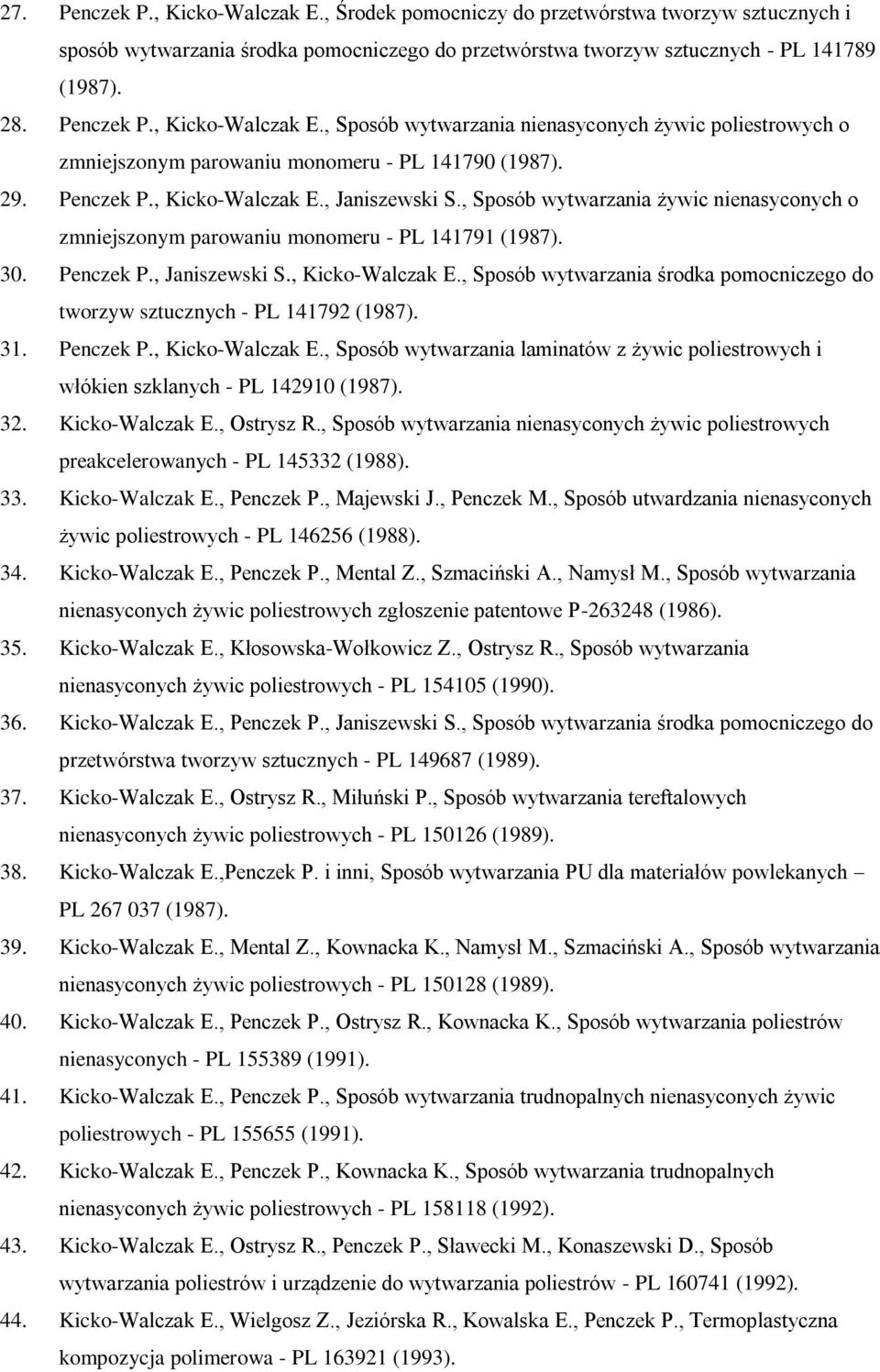 31. Penczek P., Kicko-Walczak E., Sposób wytwarzania laminatów z żywic poliestrowych i włókien szklanych - PL 142910 (1987). 32. Kicko-Walczak E., Ostrysz R.