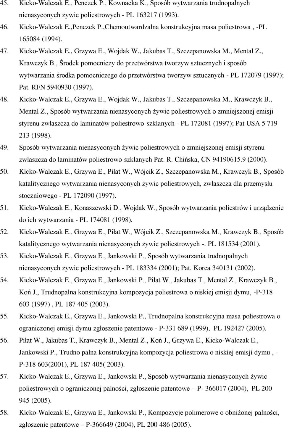 , Środek pomocniczy do przetwórstwa tworzyw sztucznych i sposób wytwarzania środka pomocniczego do przetwórstwa tworzyw sztucznych - PL 172079 (1997); Pat. RFN 5940930 (1997). 48. Kicko-Walczak E.