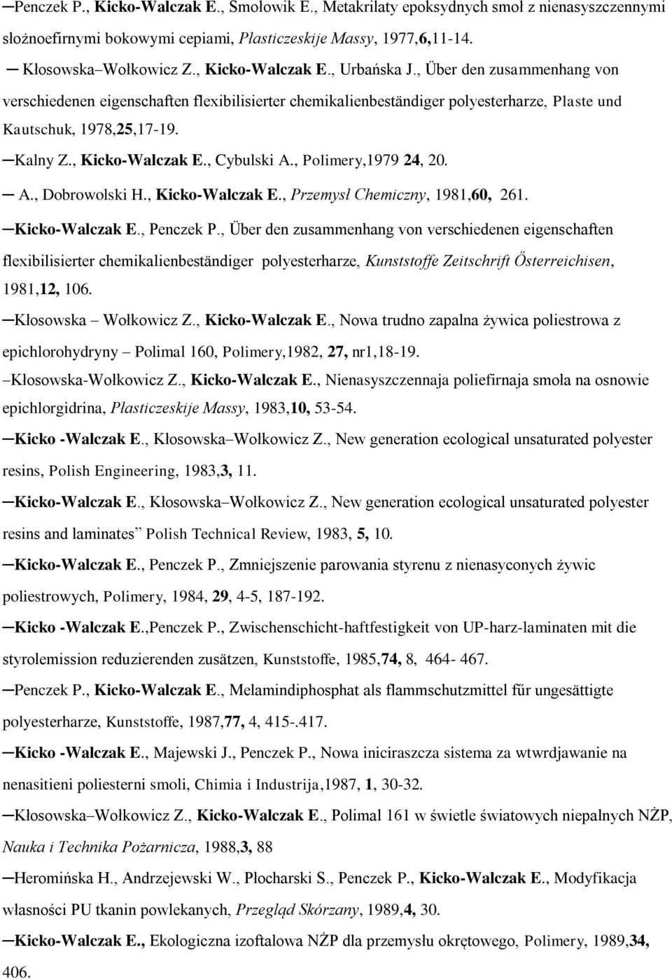 , Kicko-Walczak E., Cybulski A., Polimery,1979 24, 20. A., Dobrowolski H., Kicko-Walczak E., Przemysł Chemiczny, 1981,60, 261. Kicko-Walczak E., Penczek P.