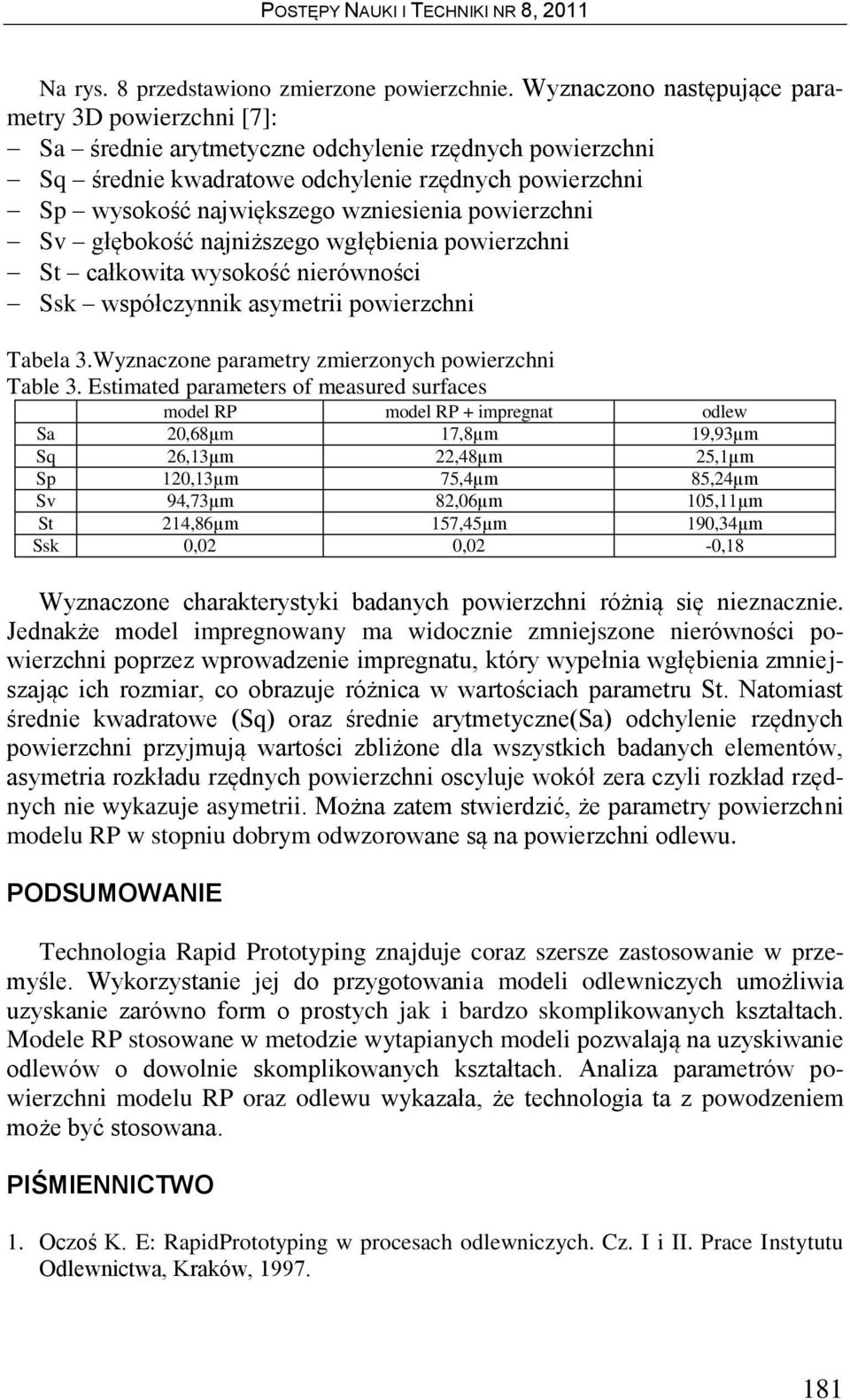 powierzchni Sv głębokość najniższego wgłębienia powierzchni St całkowita wysokość nierówności Ssk współczynnik asymetrii powierzchni Tabela 3.Wyznaczone parametry zmierzonych powierzchni Table 3.