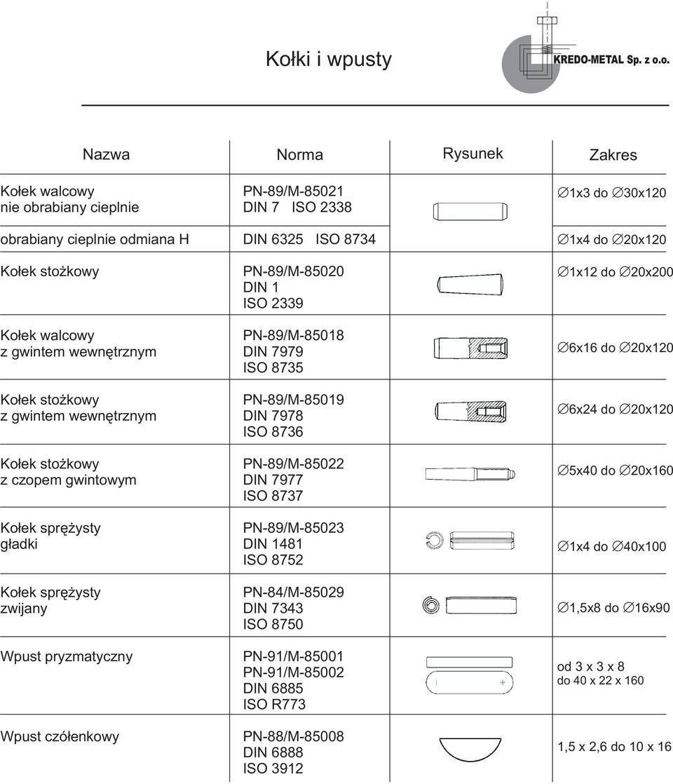 PN-89/M-85018 DIN 7979 ISO 8735 PN-89/M-85019 DIN 7978 ISO 8736 PN-89/M-85022 DIN 7977 ISO 8737 PN-89/M-85023 DIN 1481 ISO 8752 PN-84/M-85029 DIN 7343 ISO 8750 PN-91/M-85001 PN-91/M-85002 DIN 6885