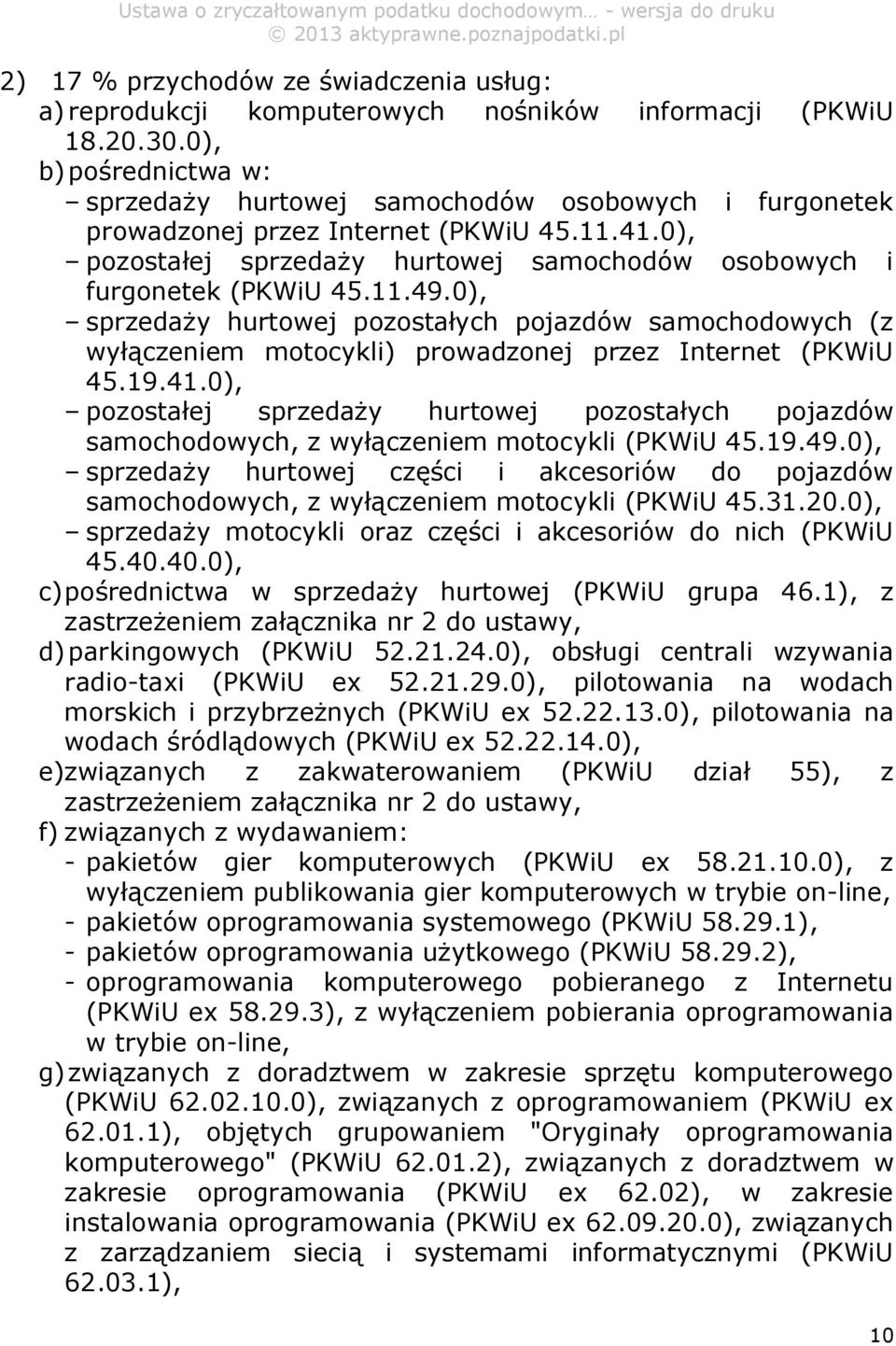 0), sprzedaży hurtowej pozostałych pojazdów samochodowych (z wyłączeniem motocykli) prowadzonej przez Internet (PKWiU 45.19.41.