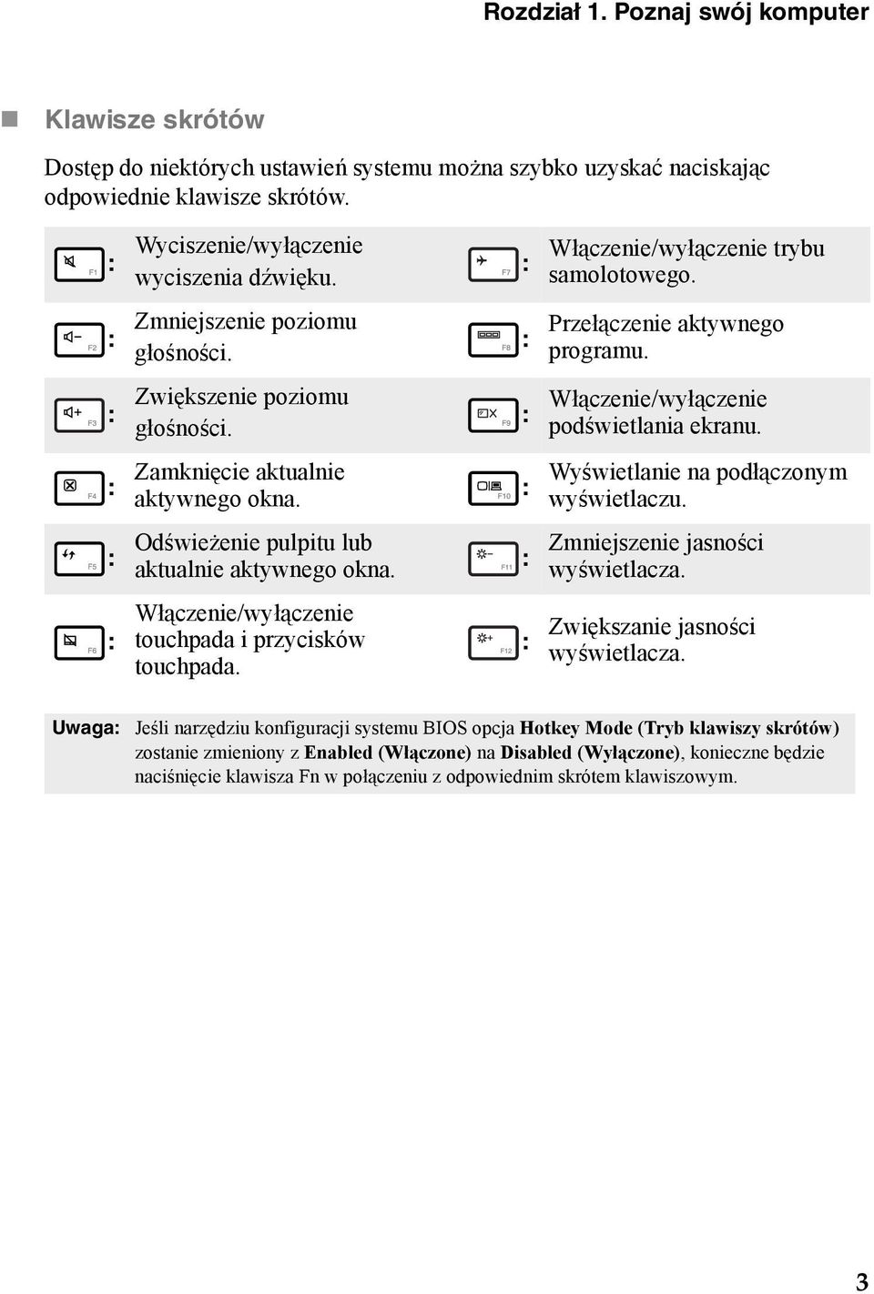 Włączenie/wyłączenie touchpada i przycisków touchpada. : : Włączenie/wyłączenie trybu samolotowego. Przełączenie aktywnego programu. : Włączenie/wyłączenie podświetlania ekranu.