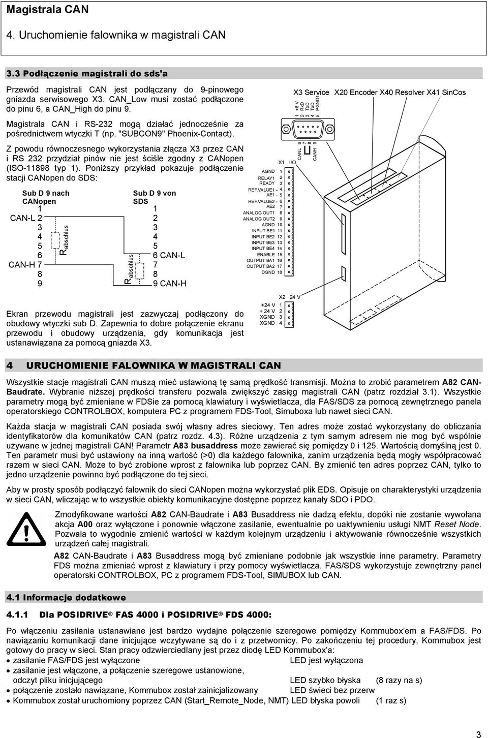 Z powodu równoczesnego wykorzystania złącza X3 przez CAN i RS 232 przydział pinów nie jest ściśle zgodny z CANopen (ISO-11898 typ 1).