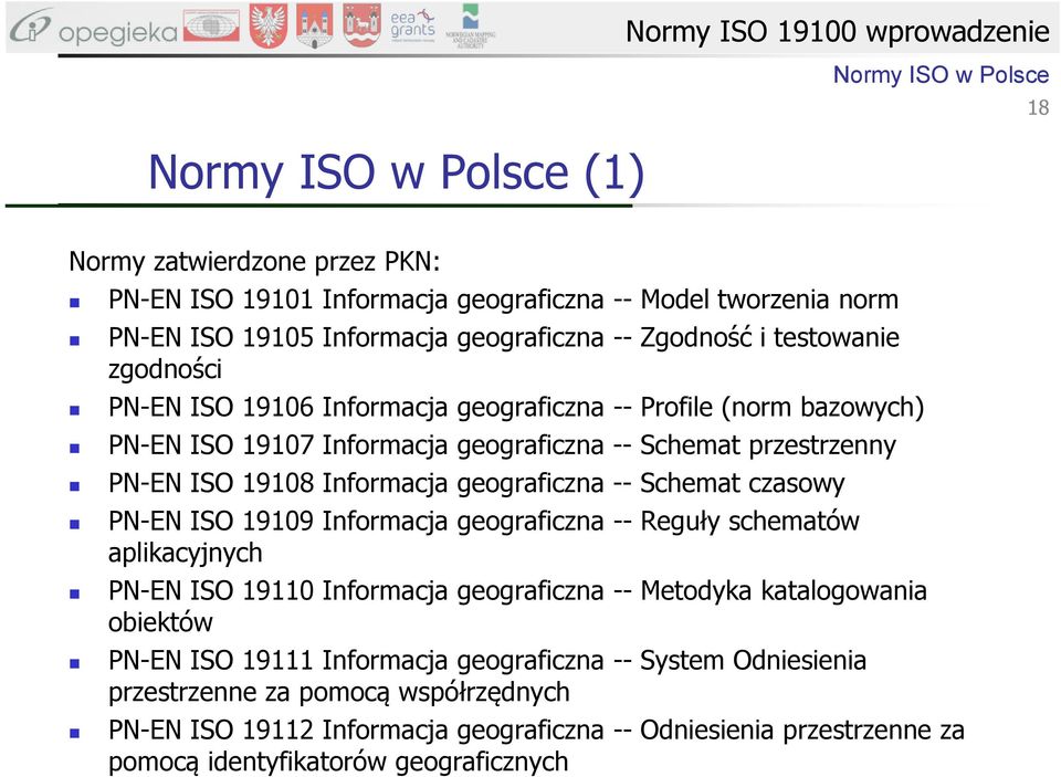 Informacja geograficzna -- Schemat czasowy PN-EN ISO 19109 Informacja geograficzna -- Reguły schematów aplikacyjnych PN-EN ISO 19110 Informacja geograficzna -- Metodyka katalogowania obiektów PN-EN