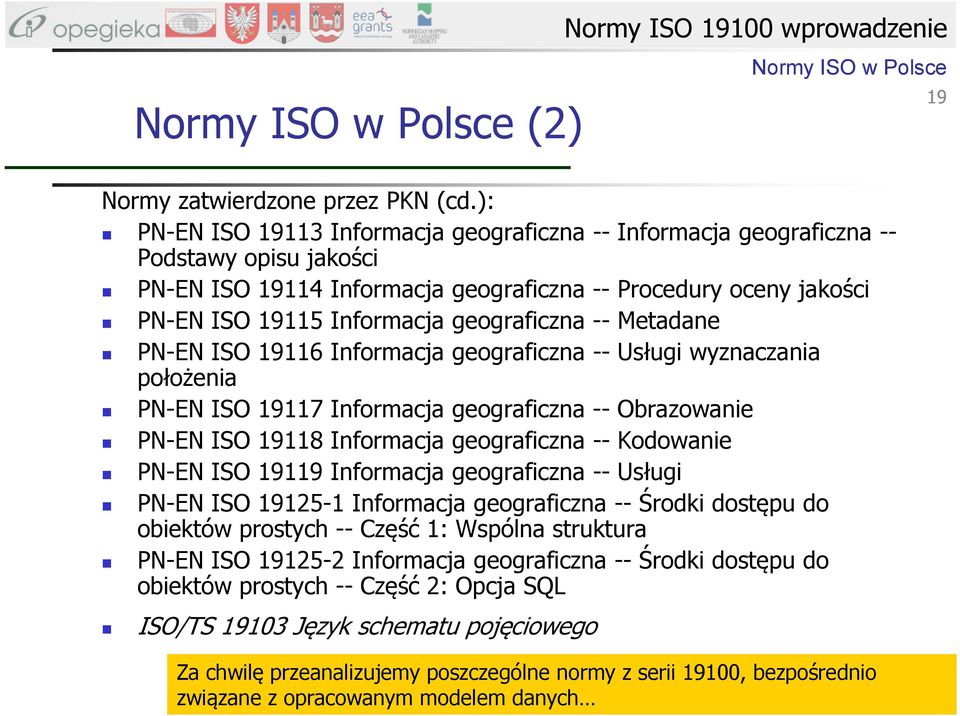 geograficzna -- Metadane PN-EN ISO 19116 Informacja geograficzna -- Usługi wyznaczania położenia PN-EN ISO 19117 Informacja geograficzna -- Obrazowanie PN-EN ISO 19118 Informacja geograficzna --