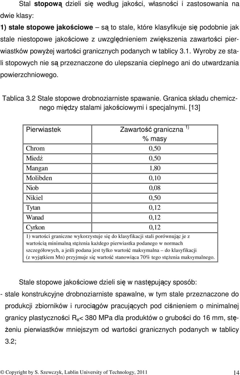 Wyroby ze stali stopowych nie są przeznaczone do ulepszania cieplnego ani do utwardzania powierzchniowego. Tablica 3.2 Stale stopowe drobnoziarniste spawanie.