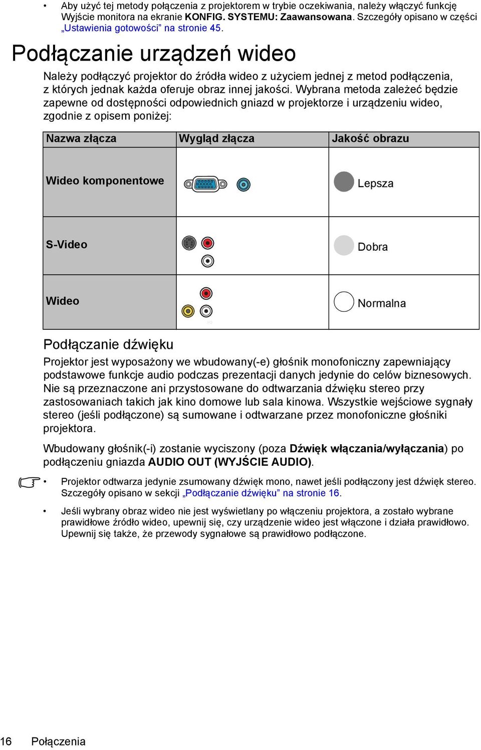 Podłączanie urządzeń wideo Należy podłączyć projektor do źródła wideo z użyciem jednej z metod podłączenia, z których jednak każda oferuje obraz innej jakości.