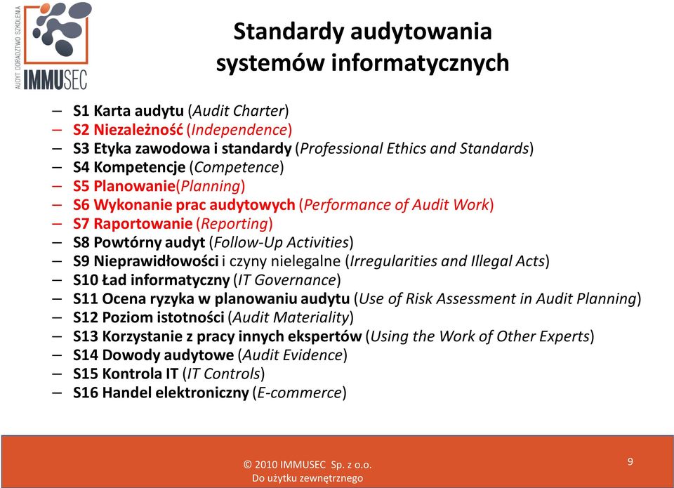 nielegalne (Irregularities and Illegal Acts) S10 Ład informatyczny (IT Governance) S11 Ocena ryzyka w planowaniu audytu (Use of Risk Assessment in Audit Planning) S12 Poziom istotności