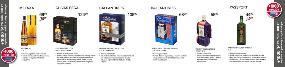 Charakterystyczny kremowy, pełny smak miodu i dojrzałych jabłek, z nutą wanilii, toffi i orzechów, zwieńczony bogatym i hojnym finiszem. Whisky Ballantine s 12YO + 2 szklanki 109 00 Barwa: jasnozłota.