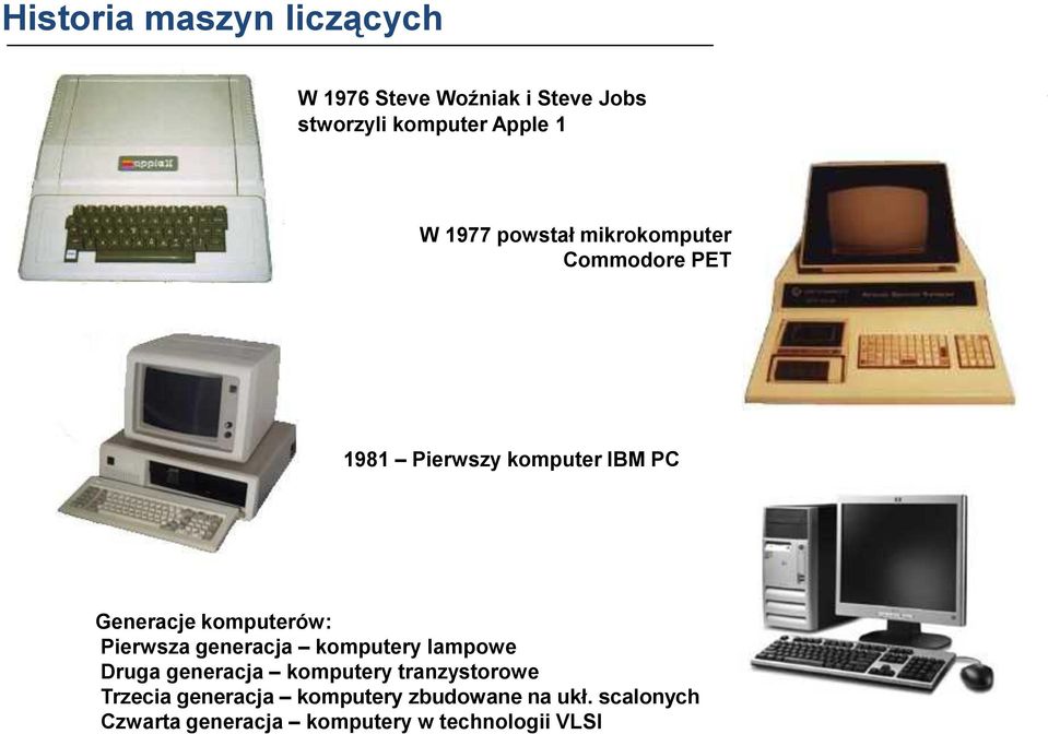 komputerów: Pierwsza generacja komputery lampowe Druga generacja komputery tranzystorowe