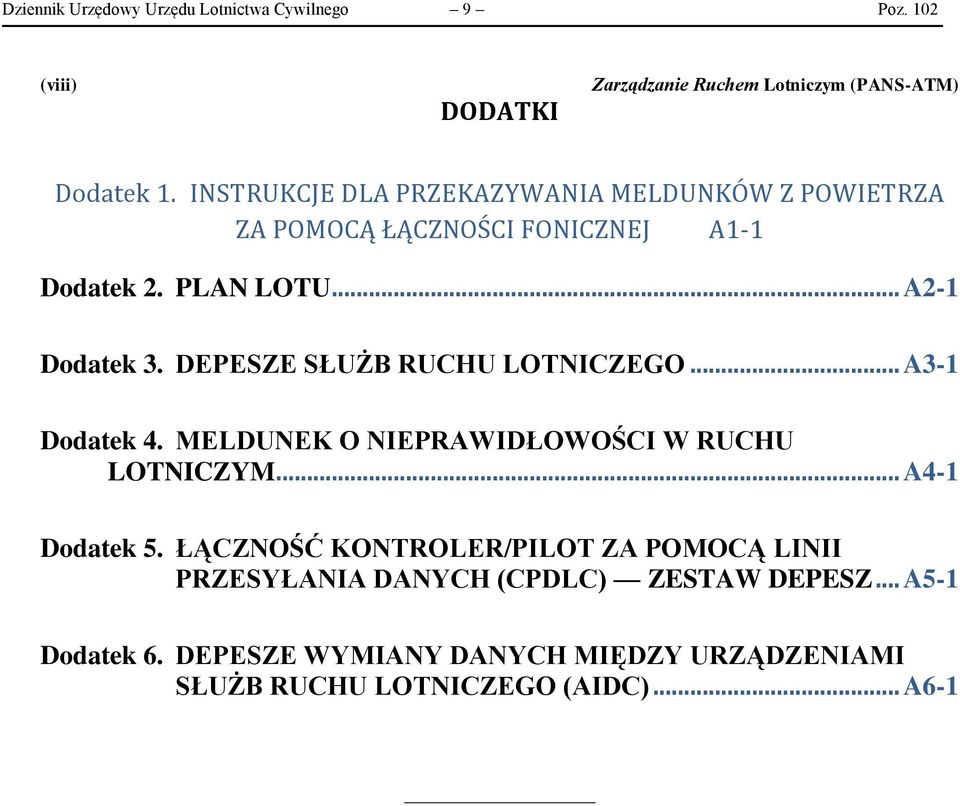 DEPESZE SŁUŻB RUCHU LOTNICZEGO... A3-1 Dodatek 4. MELDUNEK O NIEPRAWIDŁOWOŚCI W RUCHU LOTNICZYM... A4-1 Dodatek 5.