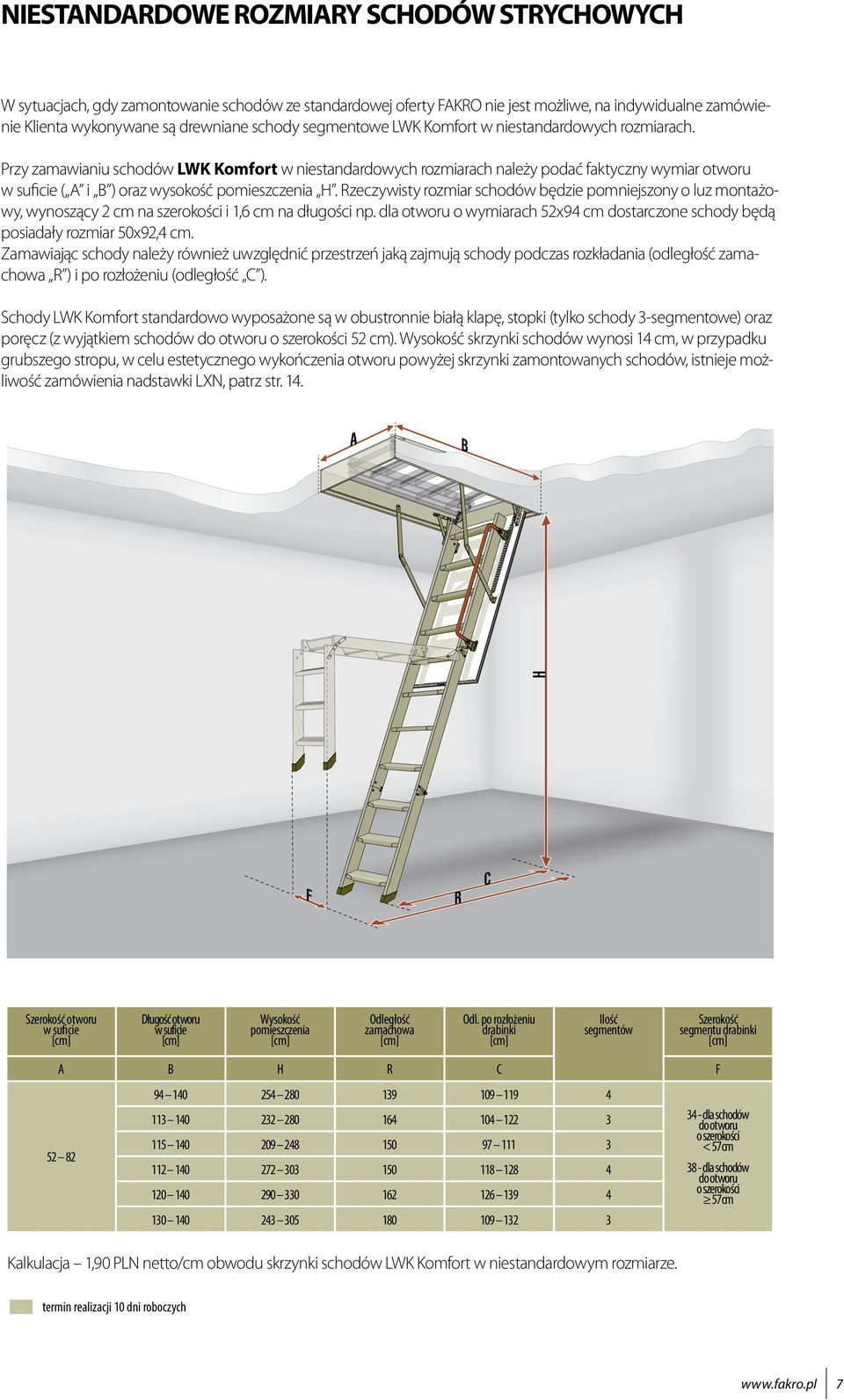 Przy zamawianiu schodów LWK Komfort w niestandardowych rozmiarach należy podać faktyczny wymiar otworu w suficie ( A i B ) oraz wysokość pomieszczenia H.
