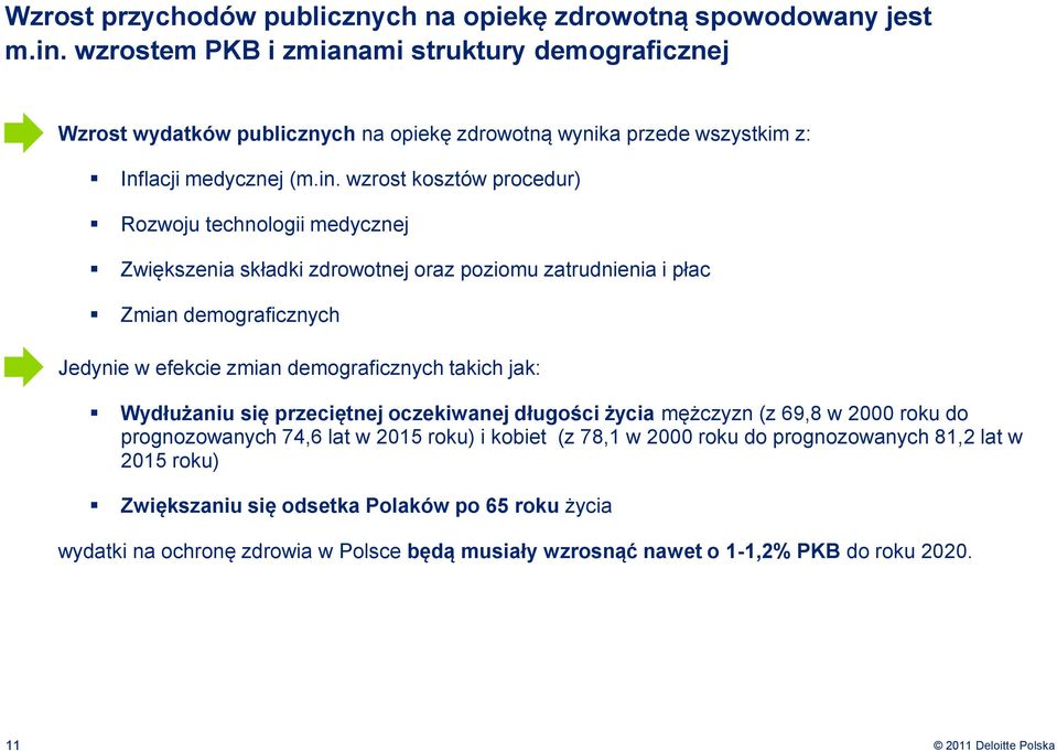 wzrost kosztów procedur) Rozwoju technologii medycznej Zwiększenia składki zdrowotnej oraz poziomu zatrudnienia i płac Zmian demograficznych Jedynie w efekcie zmian demograficznych takich