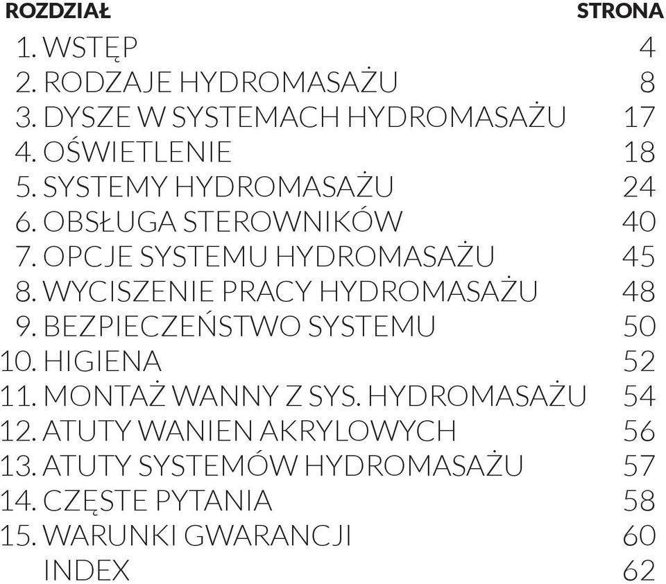 STEROWNIKÓW OPCJE SYSTEMU HYDROMASAŻU WYCISZENIE PRACY HYDROMASAŻU BEZPIECZEŃSTWO SYSTEMU HIGIENA MONTAŻ