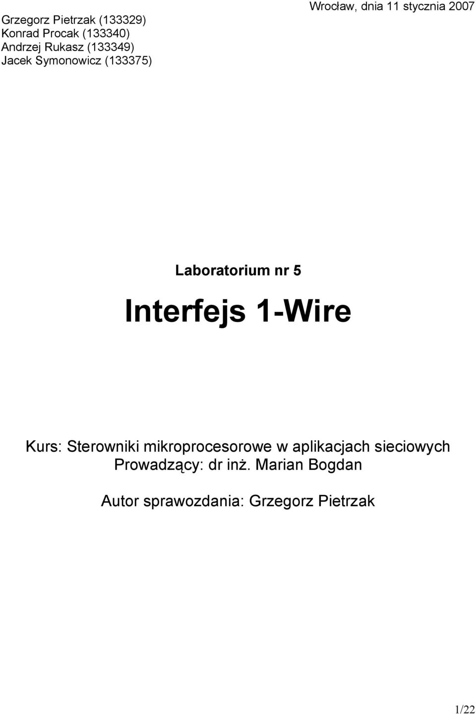 Interfejs 1-Wire Kurs: Sterowniki mikroprocesorowe w aplikacjach sieciowych