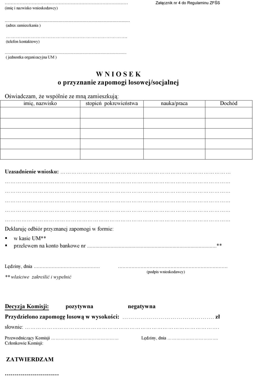 pokrewieństwa nauka/praca Dochód Uzasadnienie wniosku: Deklaruję odbiór przyznanej zapomogi w formie: w kasie UM** przelewem na konto bankowe nr...** Lędziny, dnia.