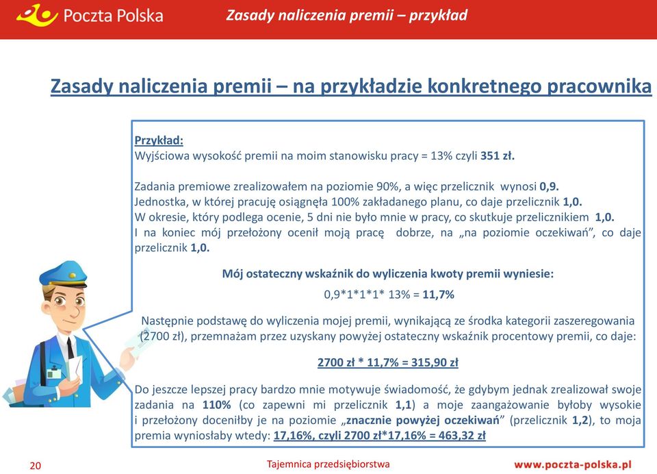 W okresie, który podlega ocenie, 5 dni nie było mnie w pracy, co skutkuje przelicznikiem 1,0. I na koniec mój przełożony ocenił moją pracę dobrze, na na poziomie oczekiwań, co daje przelicznik 1,0.