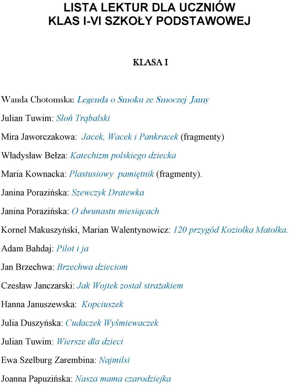 Janina Porazińska: Szewczyk Dratewka Janina Porazińska: O dwunastu miesiącach Kornel Makuszyński, Marian Walentynowicz: 120 przygód Koziołka Matołka.