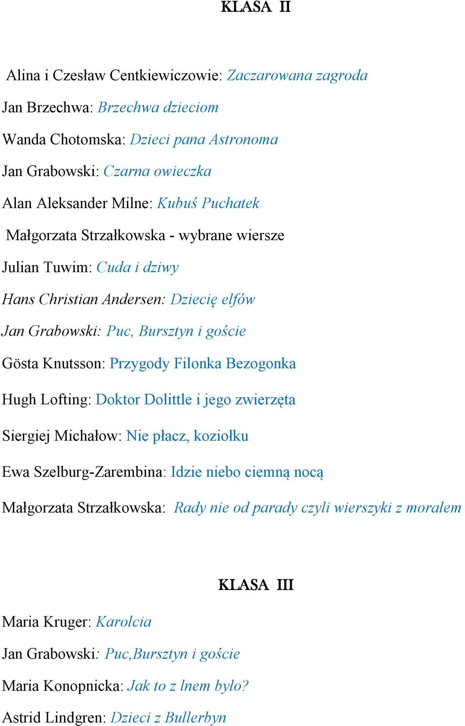 Przygody Filonka Bezogonka Hugh Lofting: Doktor Dolittle i jego zwierzęta Siergiej Michałow: Nie płacz, koziołku Ewa Szelburg-Zarembina: Idzie niebo ciemną nocą Małgorzata