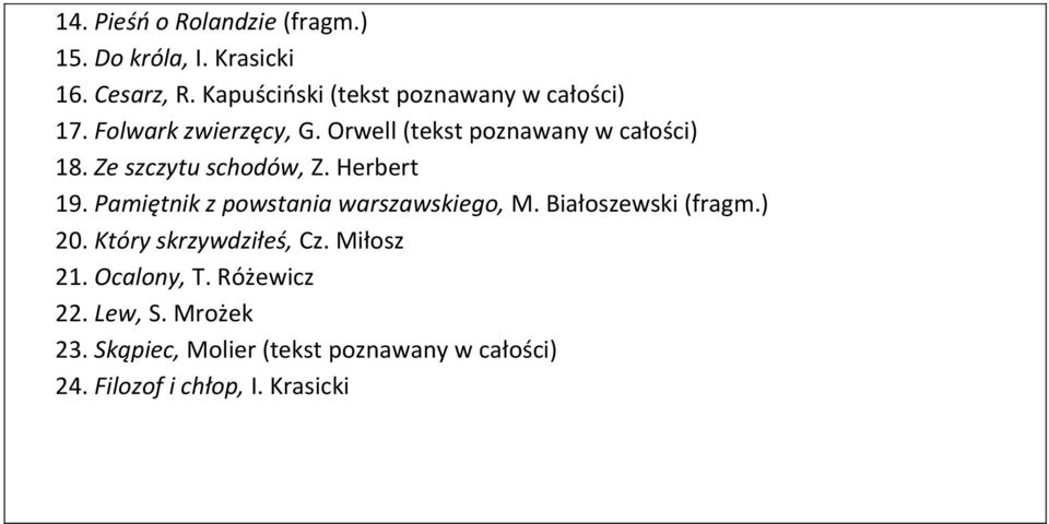 Ze szczytu schodów, Z. Herbert 19. Pamiętnik z powstania warszawskiego, M. Białoszewski (fragm.) 20.