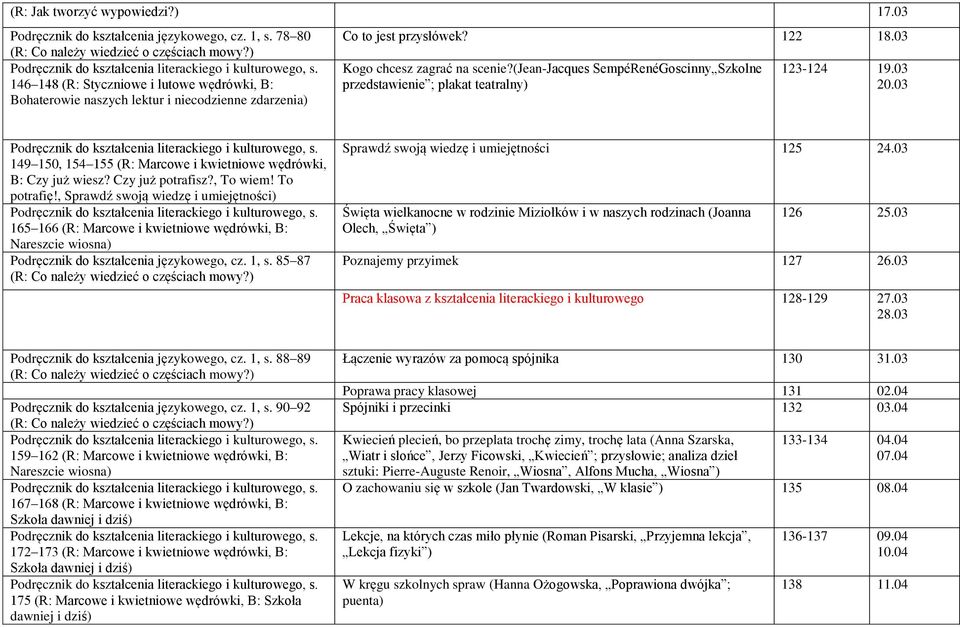 (jean-jacques SempéRenéGoscinny Szkolne przedstawienie ; plakat teatralny) 123-124 19.03 20.03 149 150, 154 155 (R: Marcowe i kwietniowe wędrówki, B: Czy już wiesz? Czy już potrafisz?, To wiem!