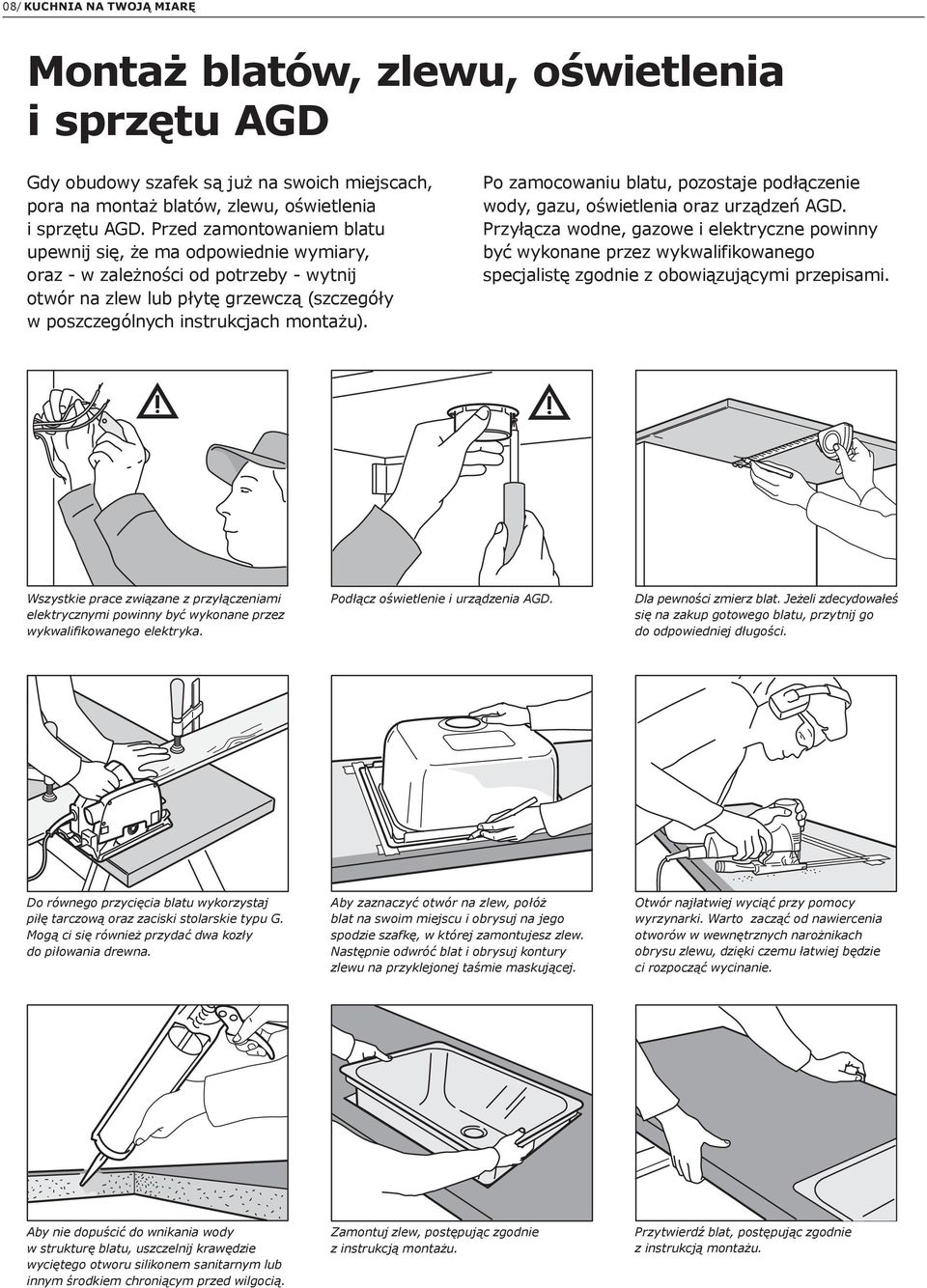 Po zamocowaniu blatu, pozostaje podłączenie wody, gazu, oświetlenia oraz urządzeń AGD.