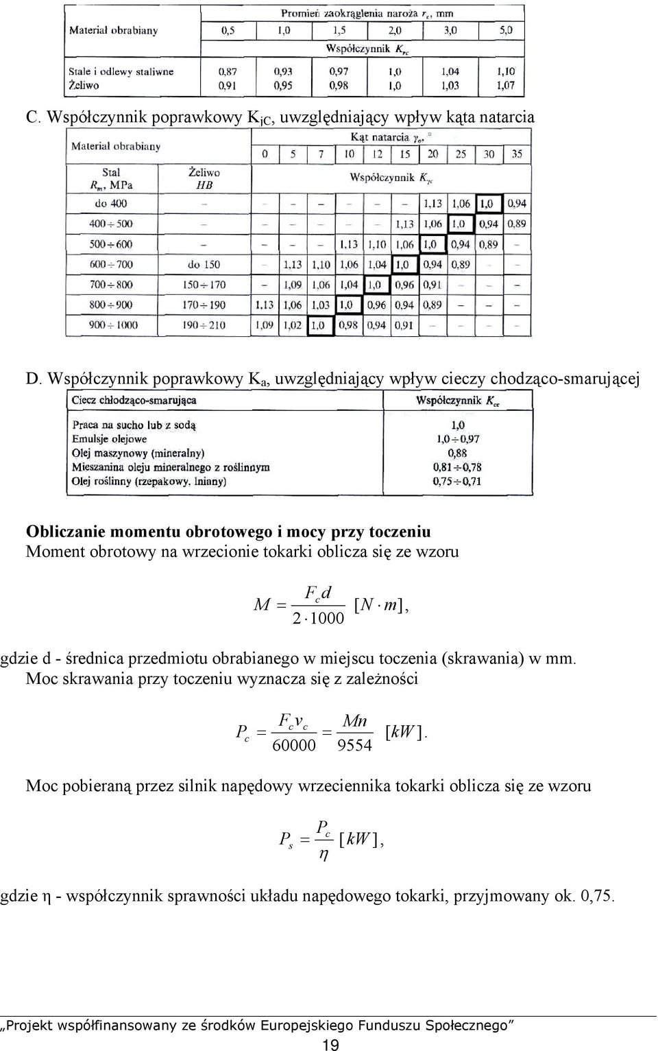 tokarki oblicza się ze wzoru M Fc d = [ N m], 2 1000 gdzie d - średnica przedmiotu obrabianego w miejscu toczenia (skrawania) w mm.
