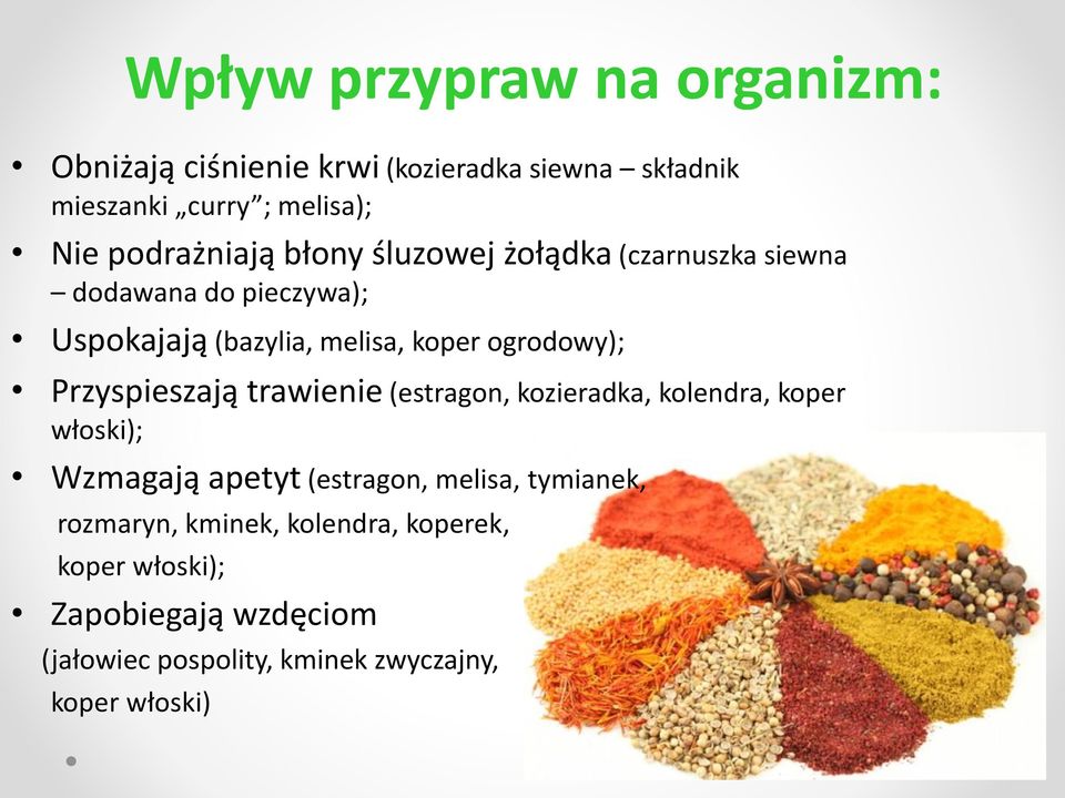 ogrodowy); Przyspieszają trawienie (estragon, kozieradka, kolendra, koper włoski); Wzmagają apetyt (estragon, melisa,