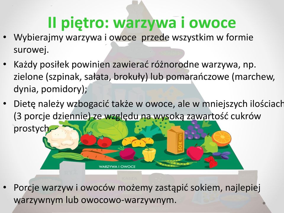 zielone (szpinak, sałata, brokuły) lub pomarańczowe (marchew, dynia, pomidory); Dietę należy wzbogacić także w