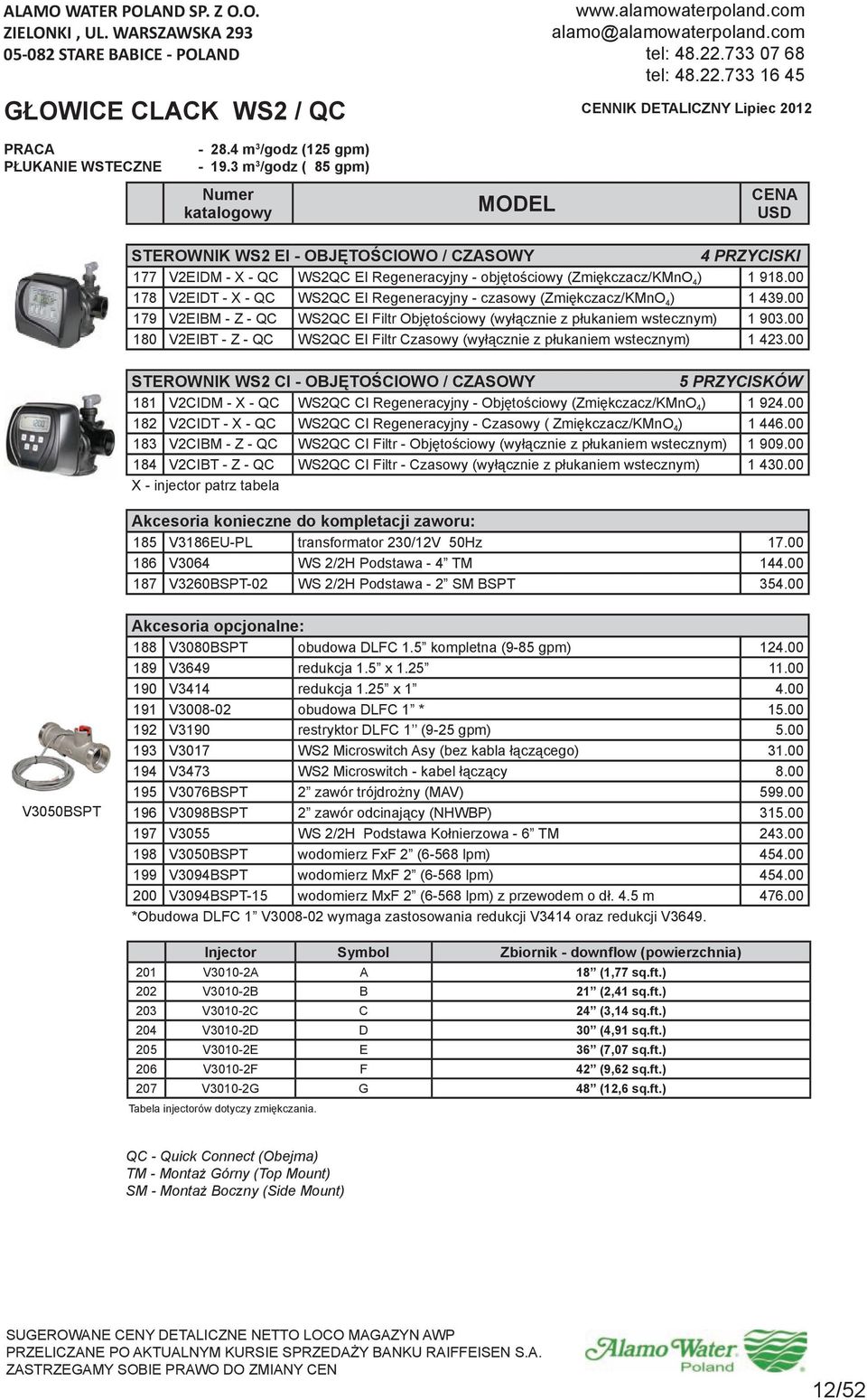 00 178 V2EIDT - X - QC WS2QC EI Regeneracyjny - czasowy (Zmiękczacz/KMnO 4 ) 1 439.00 179 V2EIBM - Z - QC WS2QC EI Filtr Objętościowy (wyłącznie z płukaniem wstecznym) 1 903.