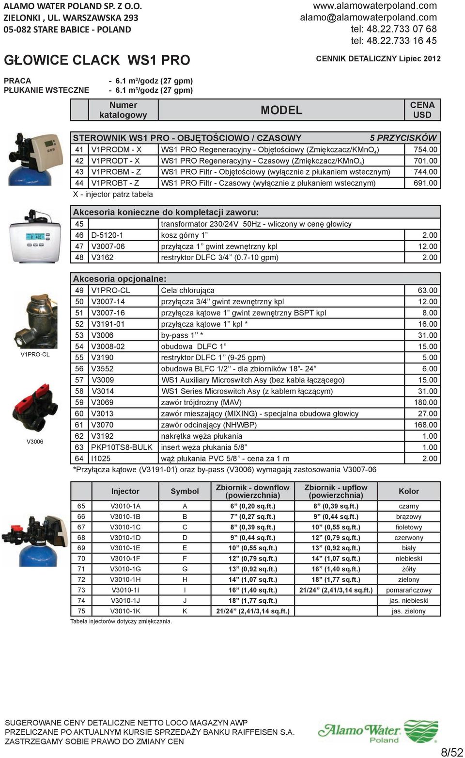 00 42 V1PRODT - X WS1 PRO Regeneracyjny - Czasowy (Zmiękczacz/KMnO 4 ) 701.00 43 V1PROBM - Z WS1 PRO Filtr - Objętościowy (wyłącznie z płukaniem wstecznym) 744.