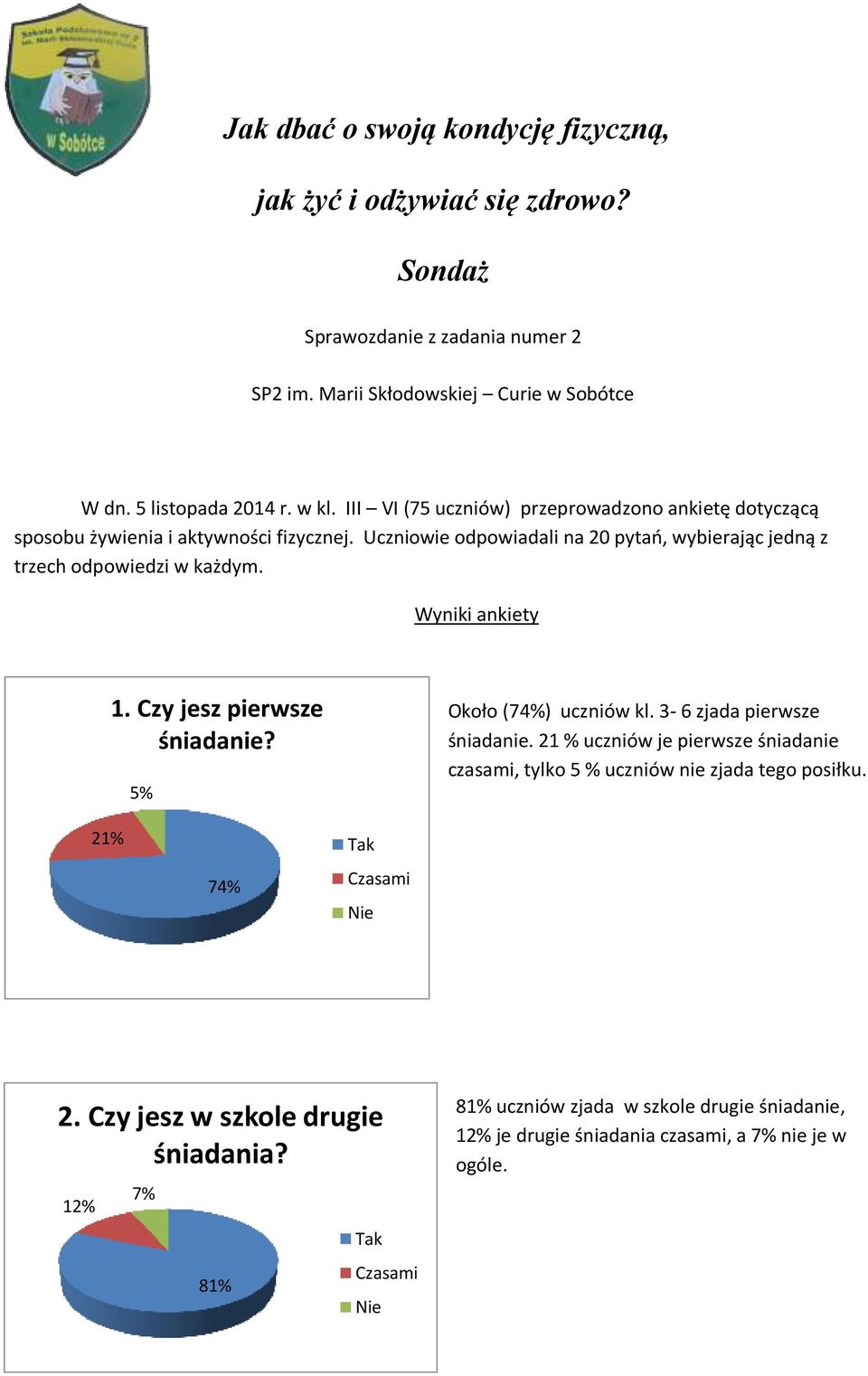 Uczniowie odpowiadali na 20 pytań, wybierając jedną z trzech odpowiedzi w każdym. Wyniki ankiety 1. Czy jesz pierwsze śniadanie? 5% Około (74%) uczniów kl.