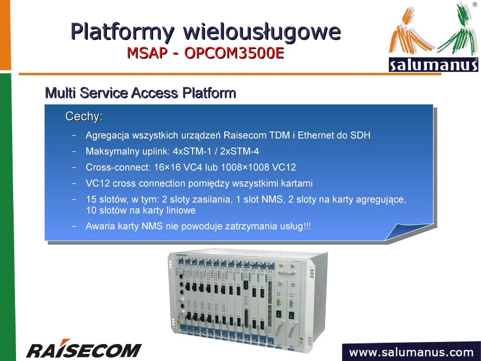 1008 1008 VC12 VC12 cross connection pomiędzy wszystkimi kartami 15 slotów, w tym: 2 sloty zasilania, 1
